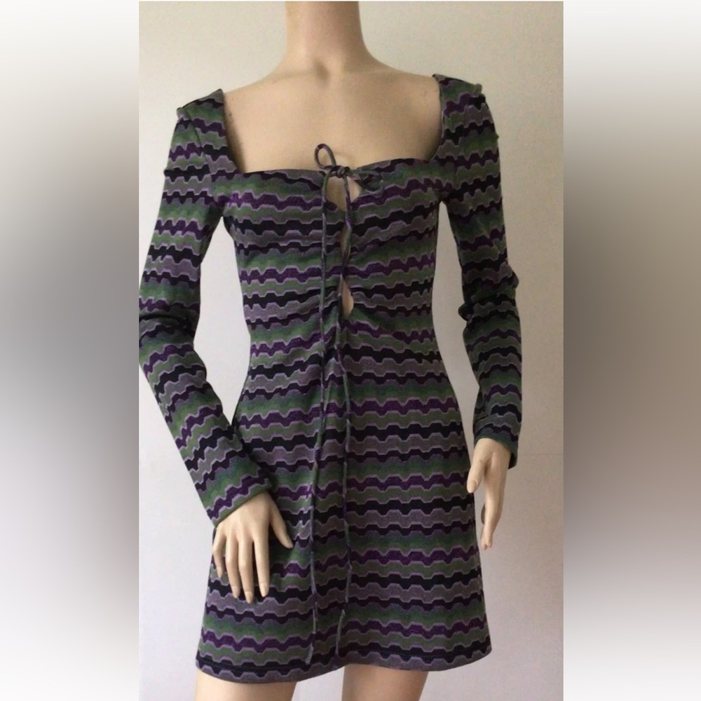 NEW ZARA Purple/Green Metallic Geo Striped Tie Front Long Sleeve Dress (Size M)